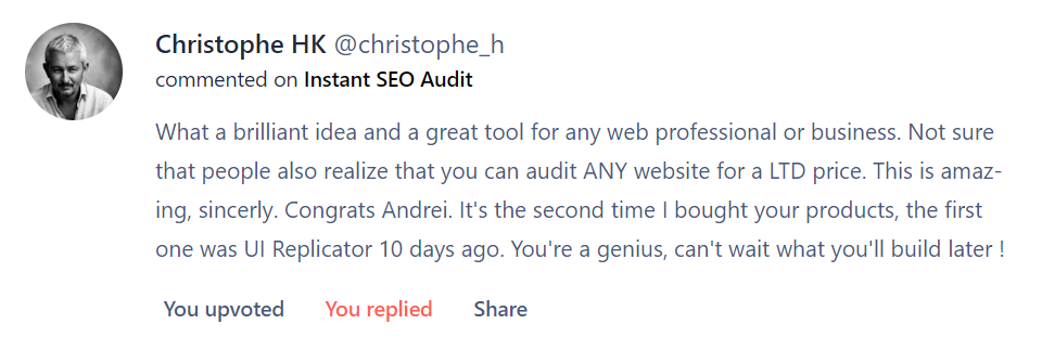 Positive review of Instant SEO Audit on Chrome Web Store