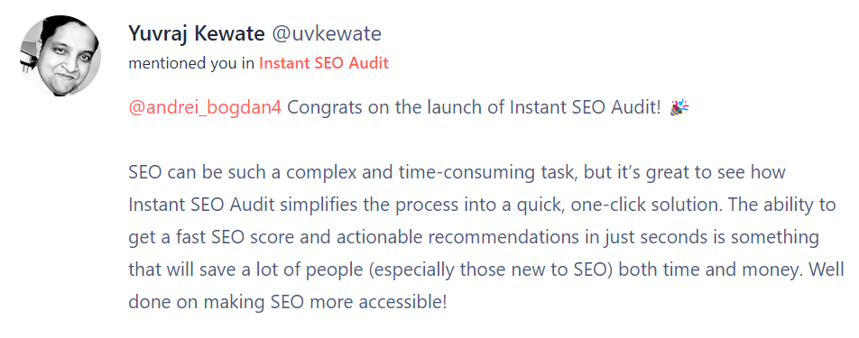 Positive review of Instant SEO Audit on Chrome Web Store