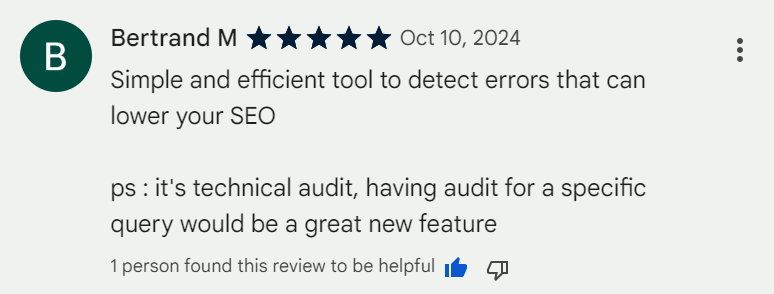 Positive review of Instant SEO Audit on Chrome Web Store